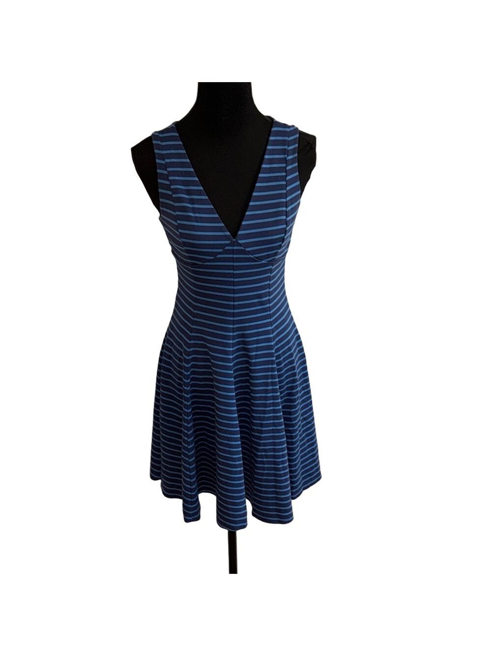 Peter Som Women’s Size 4 Blue Striped Deep V-Neck Sleeveless Fit Flare Dress